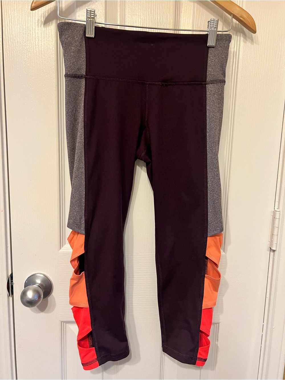 C9 by Champion Plum Leggings with Orange & Red Criss Cross Side Cut Outs, Size S